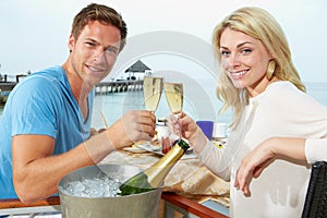 Couple Enjoying Meal In Seafront Restaurant photo