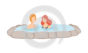Couple enjoying outdoor thermal spring, young man and woman relaxing in hot water in bath tub vector Illustration on a