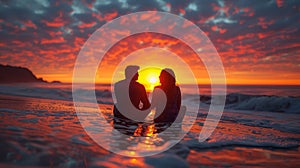 Couple Enjoying a Romantic Sunset on a Sandy Beach