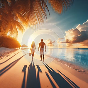 Couple Enjoying a Tropical Beach Stroll, Generative ai for illustrations