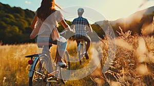 Couple enjoys beautiful countryside scenery. Romantic couple riding bicycle. Happiness image of a young couple