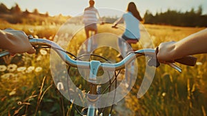 Couple enjoys beautiful countryside scenery. Romantic couple riding bicycle. Happiness image of a young couple