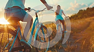 Couple enjoys beautiful countryside scenery. Romantic couple riding bicycle. Happiness image of a young couple