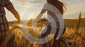 Couple enjoys beautiful countryside scenery. Romantic couple riding bicycle. Happiness image of a young couple