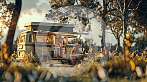 Couple enjoys a serene moment with their two children near a camper van at golden hour with a tilt-shift effect