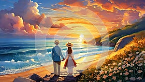 Couple enjoys a serene sunset walk along a picturesque beach