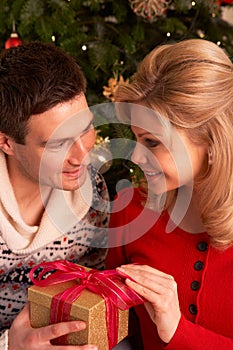 Couple Exchanging Christmas Gifts