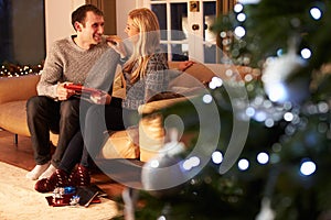 Couple Exchanging Gifts By Christmas Tree