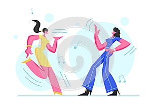 Couple of Excited Young Girls Dancing in Disco Party. Happy Female Characters Cheerfully Dance Moving Body in Music Rhythm