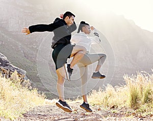Couple exercise fitness in Los Angeles park, jump stretching body and outdoor cardio workout on path. Black woman