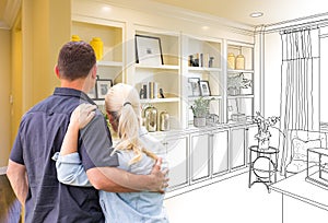 Couple Facing Book Shelf Built-in Drawing Gradating To Photo photo