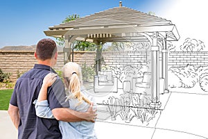 Couple Facing Pergola Drawing Gradating To Photo photo