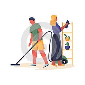 Family couple cleaning home together vector banner photo