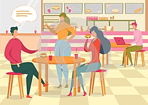 Couple in Fastfood Cafe Flat Vector Illustration