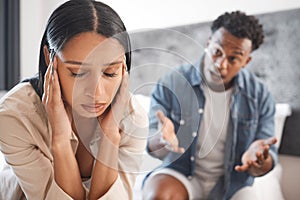 Couple fight, divorce stress and sad about mental health depression, anxiety from fear and tired of marriage problem in
