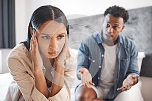 Couple fight, marriage depression and divorce stress, anxiety from mental health and tired of conflict in house bedroom