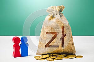 Couple figurines and polish zloty money bag. Social policy to encourage family creation. Budget. Segmentation. Marketing and