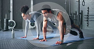 Couple, fitness and gym workout of training friends together for a core strength exercise for abs. Strong, sports and