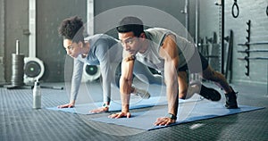 Couple, fitness and gym workout of training friends together for a core strength exercise for abs. Strong, sports and