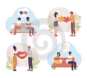 Couple fixing relationship 2D vector isolated illustration set