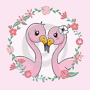 Couple of flamingos in love inside flower frame