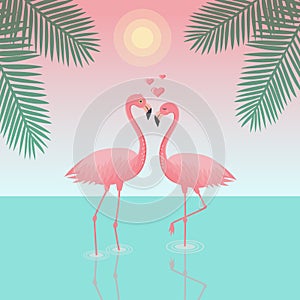 Couple of flamingos in love are standing in water. Seascape with palm leaves and sun