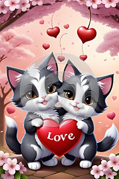 A couple of fluffy kitten, holding a love sign together, cute face, adorable, cartoon, cherry blossoms, romantic, printable, cat