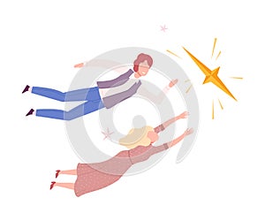 Couple Flying to the Stars, Man and Woman Flying in Dreams or Sky Wearing Casual or Sleepwear Clothes Flat Style Vector