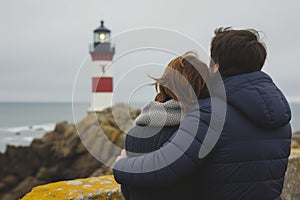 couple with folded arms, looking at a lighthouse