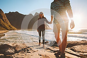 Couple follow holding hands walking on beach travel romantic vacations