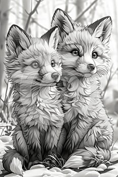 A couple of foxes are seated next to each other in a cartoon style coloring page for kids