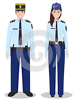 Couple of french policeman and policewoman in traditional uniforms standing together on white background in flat style