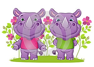 The couple of friendly rhino in the welcoming posing in the garden full of the flowers