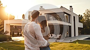 Couple in front of their new luxury home on a sunny day.