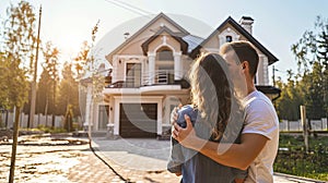 Couple in front of their new luxury home on a sunny day.