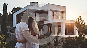 Couple in front of their new luxury home on a sunny day.