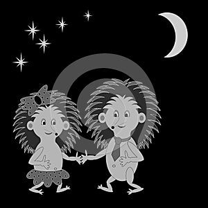 A couple of funny cartoon hedgehogs dating in the night