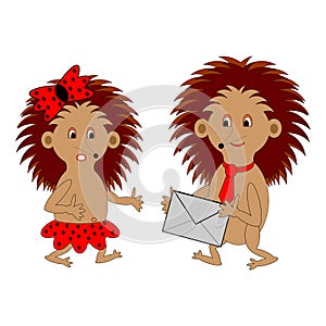 A couple of funny cartoon hedgehogs with a letter