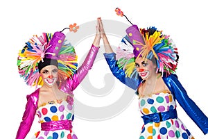 Couple of funny clowns with hands joined