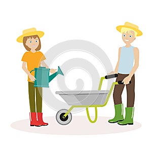 Couple of gardeners. Man with wheelbarrow, a woman holding watering can. Flat character isolated on white background