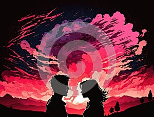 A couple gazing into each other eyes a redpink sky forming a romantic backdrop. Lifestyle concept. AI generation photo