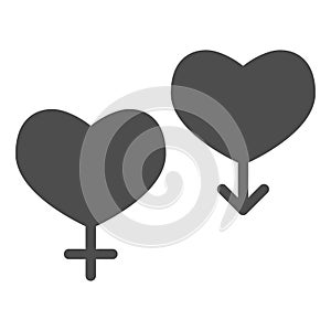 Couple of gender hearts solid icon. Two heart, male and female sex symbol, glyph style pictogram on white background