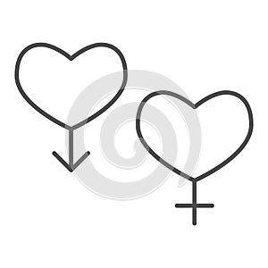 Couple of gender hearts thin line icon. Two heart, male and female sex symbol, outline style pictogram on white