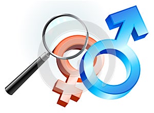 Couple Gender Symbols under Magnifying Glass