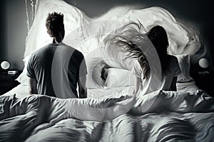Couple getting out of messy bed sheets back view, created with Generative AI technology