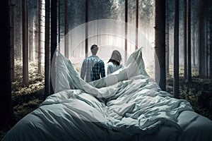 Couple getting out of messy bed sheets back view, created with Generative AI technology