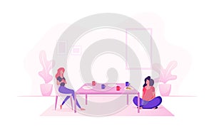 Couple of Girl Friends Sitting at Table with Food Drinking Beverages and Communicating at Home. Female Characters