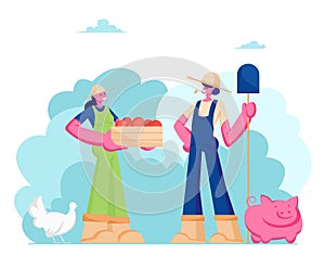 Couple of Girls Farmers in Working Overalls with Shovel and Box of Ripe Healthy Fruits or Vegetables, Animal Husbandry, Farms