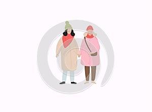 Couple girls in warm clothes flat vector illustrations. Winter season outdoor date