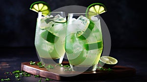 A couple of glasses filled with green liquid and lime slices. Generative AI image.